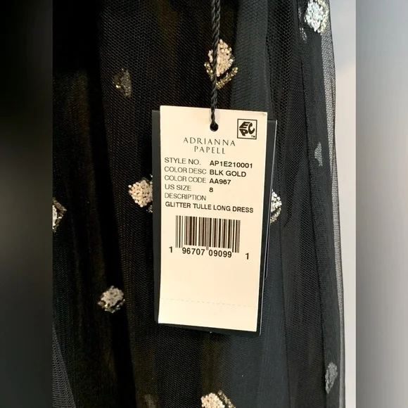 NWT, Adrianna Papell "Glitter Tulle Long Dress" in Black w/ Puff Sleeve, Size 8 - Picture 12 of 12